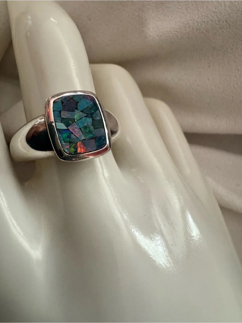 Vintage Michelle Albala Sterling Silver  Real Opal Mosaic Ring, size 9